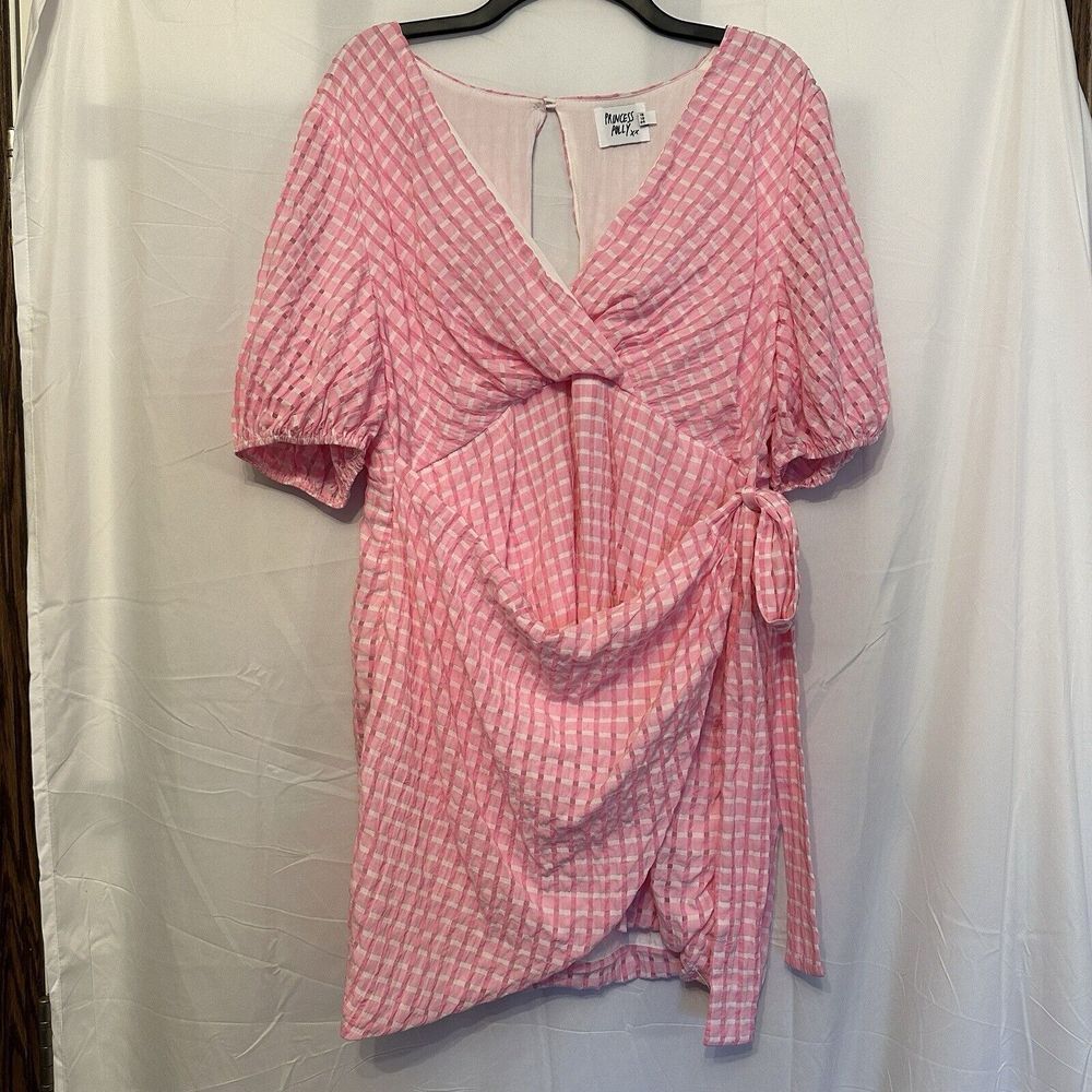Princess Polly Size 12 Pink Gingham Plaid VNeck Faux Wrap Puff Sleeve Mini Dress
